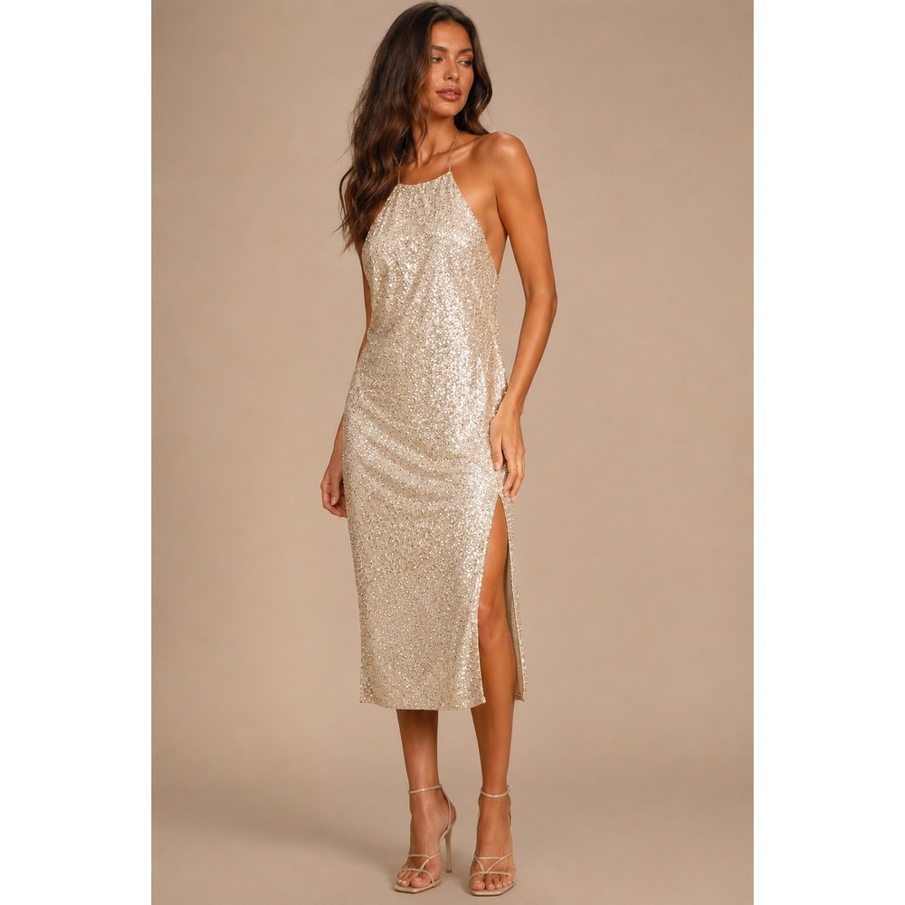 Lulus Champagne Gold Sequin Open Back Midi Dress Side Slit Small wedding formal